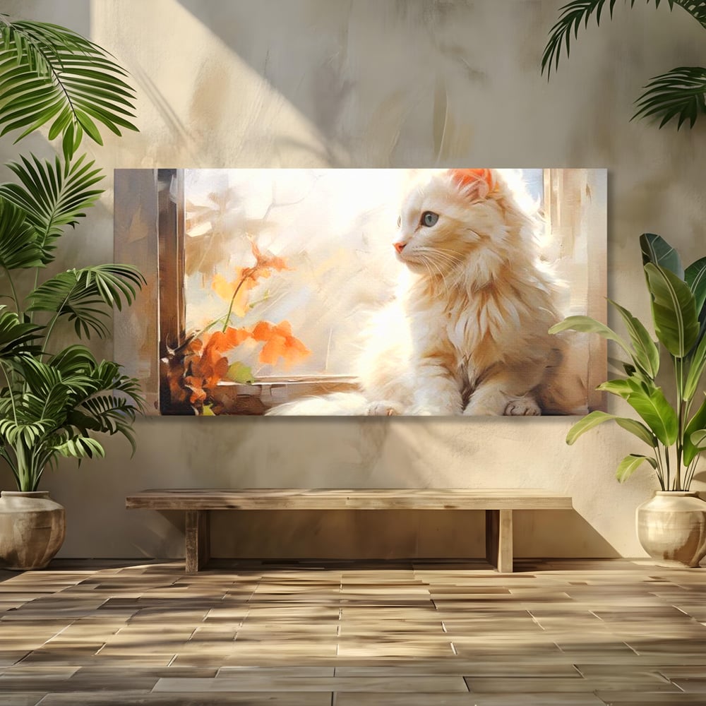 Tablou canvas cu tablou canvas cu pisica alba la fereastra, fara rama, pe sasiu de lemn